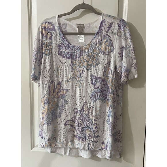 Chicos Women’s Size Large Floral Printed Pointelle-Stitch Open Knit Sweater - Picture 5 of 12